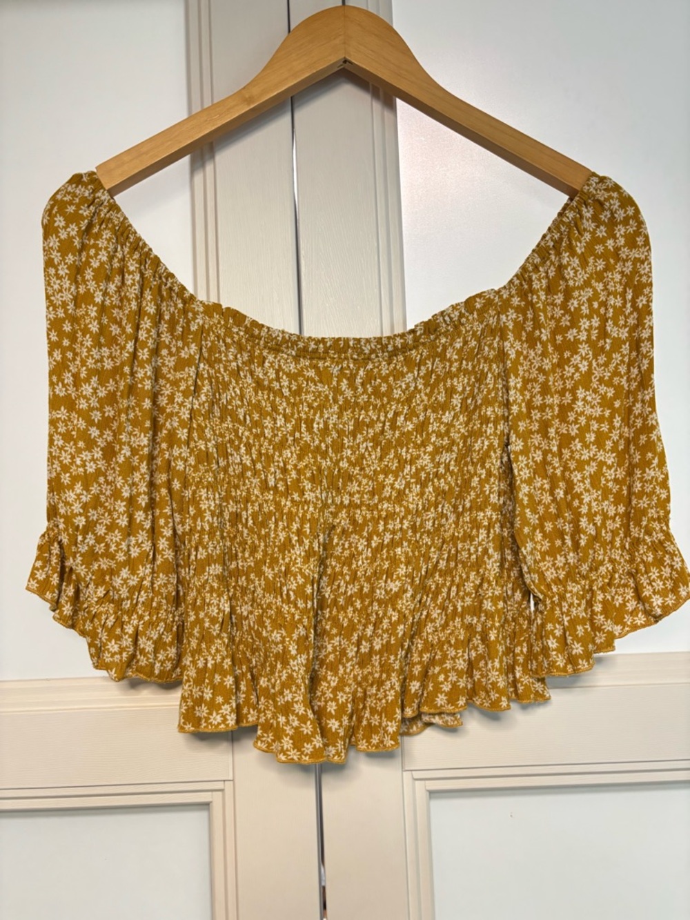 Loveriche Mustard Floral Smocked Off Shoulder Top Boho Cottagecore Size S